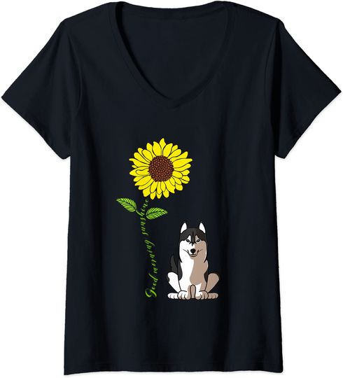 Discover T-shirt para Mulher Bom Dia com Girassol e Husky Decote em V