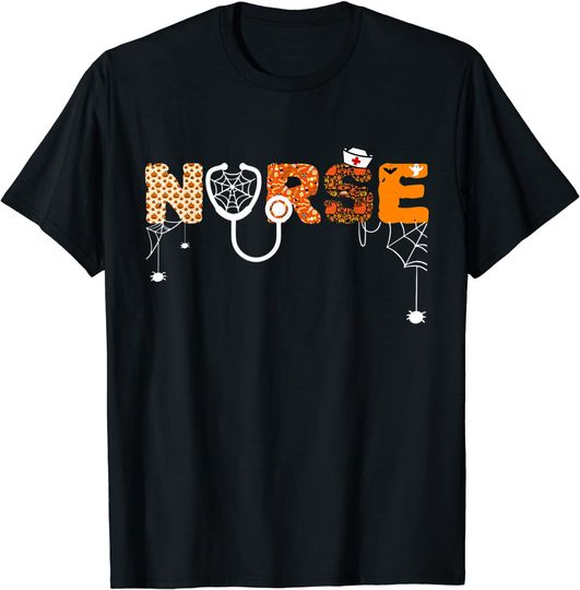 Discover T-shirt para Homem e Mulher Abóbora Enfermeira Aranha Dia das Bruxas