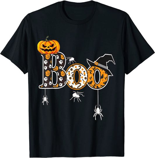 T-shirt para Homem e Mulher Boo com Aranhas e Chapéu de Bruxa