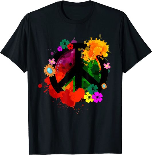 Discover T-Shirt Unissexo Manga Curta Símbolo de Paz Flores Decoração de Derramamento de Tinta