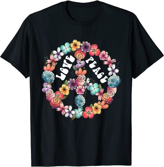 T-Shirt Unissexo Manga Curta Símbolo de Paz Flores Love Peace