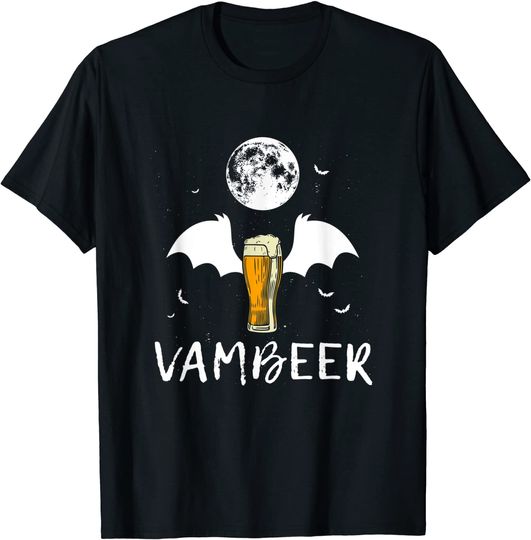Discover T-shirt para Homem e Mulher Vambeer Halloween Morcego e Cerveja