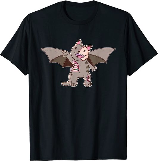 Discover T-shirt para Homem e Mulher Esqueleto de Halloween com Morcego Gato