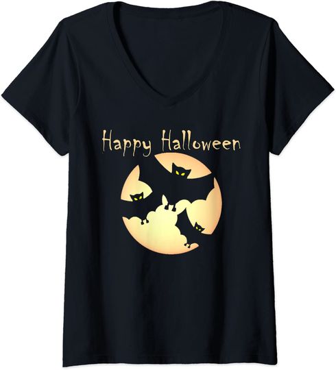 Discover T-shirt para Mulher Silhueta de Morcego na Lua Decote em V