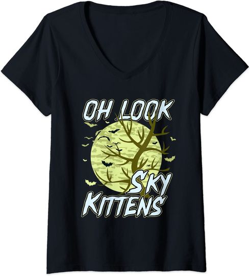 Discover T-shirt para Mulher Oh Look Sky Kittens com Morcegos Decote em V