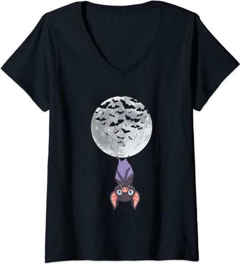 Discover T-shirt para Mulher com Estampa de Morcego na Lua Decote em V