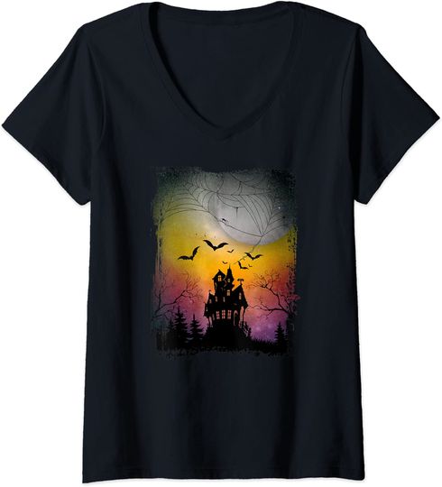 Discover T-shirt para Mulher Castelo à Noite e Morcegos Decote em V