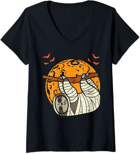 T-shirt para Mulher Preguiça Lua Morcegos Fofinho Dia das Bruxas Decote em V