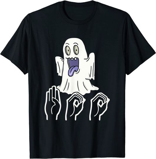 Discover T-shirt para Homem e Mulher Linguagem de Sinais Fantasma Boo Halloween