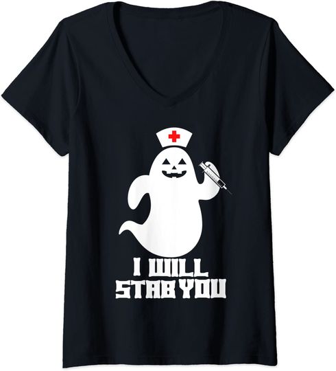 T-shirt para Mulher Fantasma de Enfermeira Halloween Decote em V