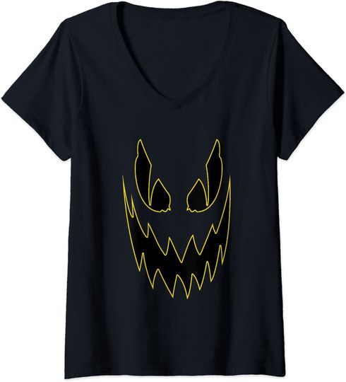 T-shirt para Mulher com Cara de Fantasma Halloween Decote em V