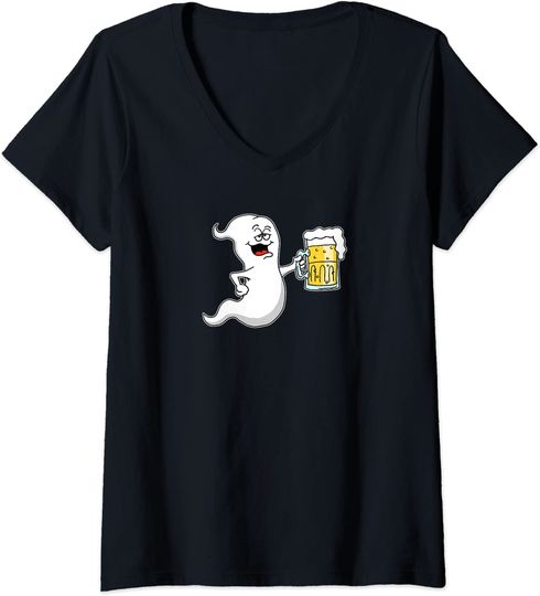 T-shirt para Mulher Fantasma com Cerveja Halloween Decote em V
