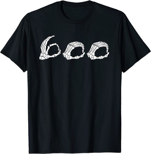 T-shirt para Homem e Mulher Boo Skeleton Mãos sinal de Halloween