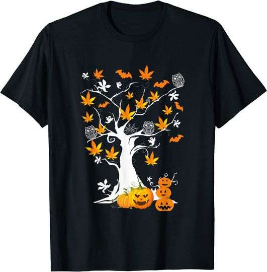 T-shirt para Homem e Mulher Árvore Halloween com Abóboras e Corujas