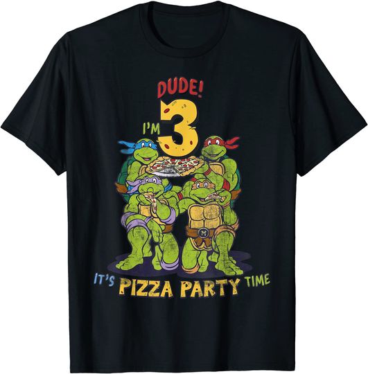 Discover T-Shirt Unissexo Manga Curta Presente de Aniversário de 3 Anos Festa da Pizza Tartarugas Ninjas