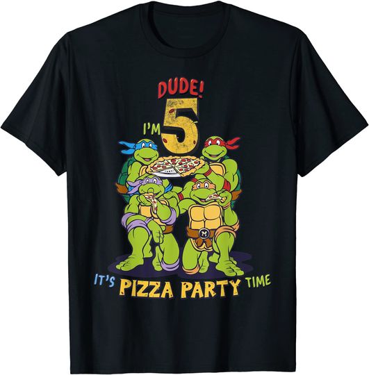 Discover T-Shirt Unissexo Manga Curta Presente de Aniversário de 5 Anos Festa da Pizza Tartarugas Ninjas