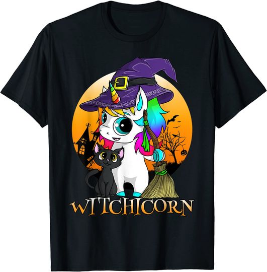 Discover T-shirt para Homem e Mulher Witchcorn Bruxa Unicórnio Halloween Gato Preto