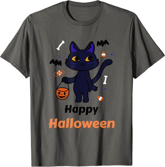 Discover T-shirt para Homem e Mulher Happy Halloween com Gato Preto