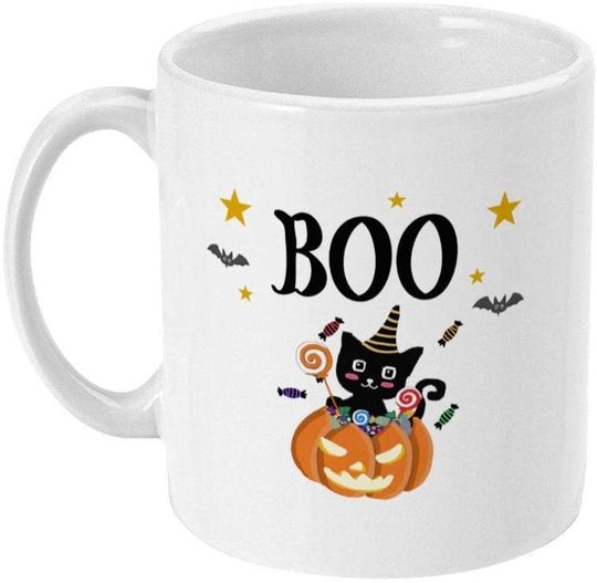 Discover Caneca de Cerâmica Clássica Boo Halloween com Gato Preto