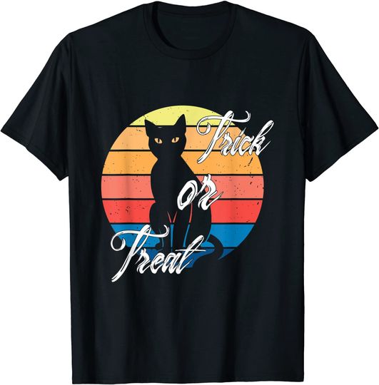 Discover T-shirt para Homem e Mulher Trick or Treat Vintage com Gato Preto