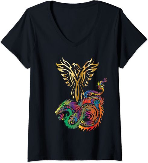 T-shirt de Mulher com Decote Em V Presente Fénix e Dragão