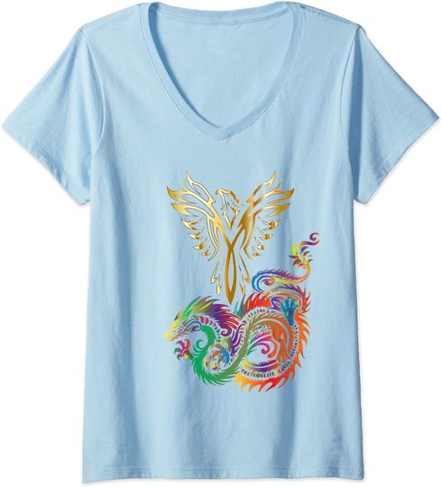 Discover T-shirt de Mulher com Decote Em V Presente Fénix e Dragão