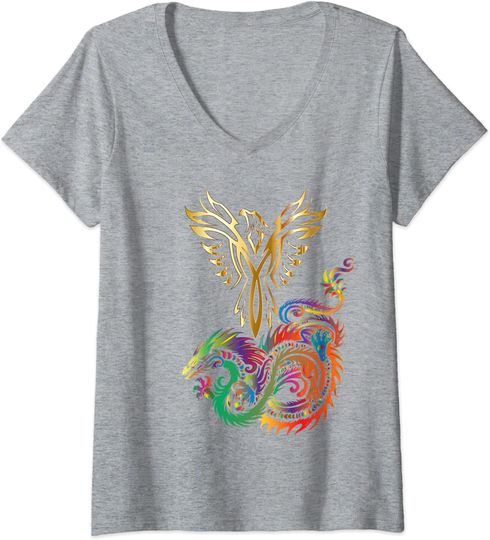 Discover T-shirt de Mulher com Decote Em V Presente Fénix e Dragão