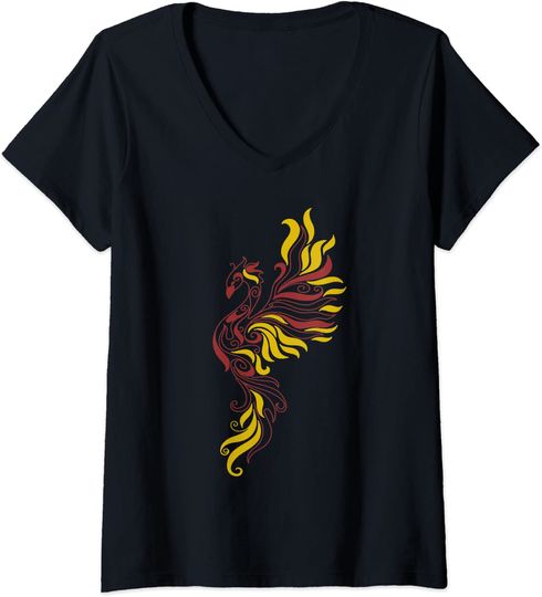 T-shirt de Mulher com Decote Em V Retrô Animal Mítico Fénix Fogo