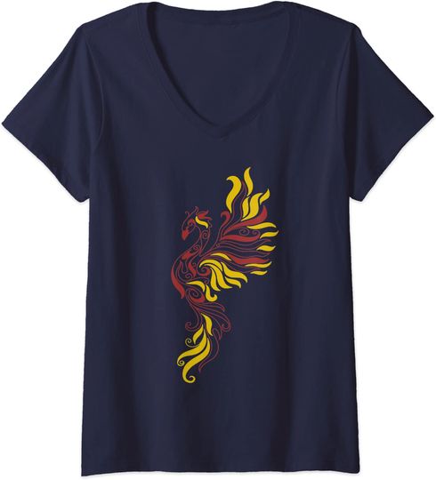 T-shirt de Mulher com Decote Em V Retrô Animal Mítico Fénix Fogo