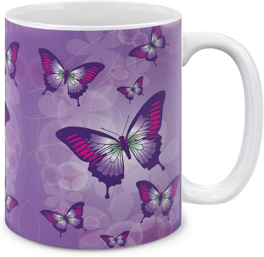 Discover Caneca de Cerâmica Clássica Borboletas em Um Fundo Roxo