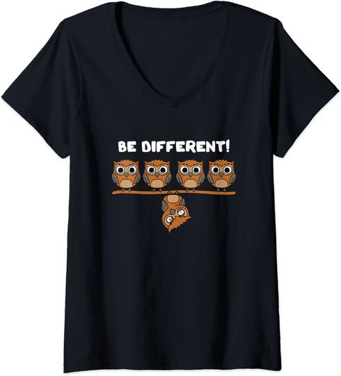 Discover T-shirt para Mulher Be Different Divertido com Corujas Decote em V