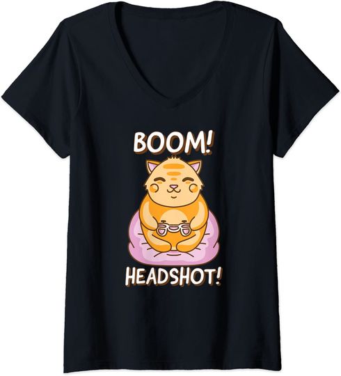 Discover T-shirt para Mulher Gato Joga Video Games Divertido Decote em V