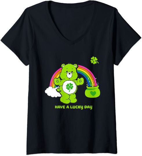Discover T-shirt de Mulher com Decote Em V Urso Arco-Íris Have A Lucky Day