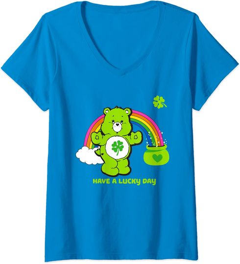 Discover T-shirt de Mulher com Decote Em V Urso Arco-Íris Have A Lucky Day