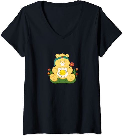 T-shirt de Mulher com Decote Em V Urso E Jardim de Flor