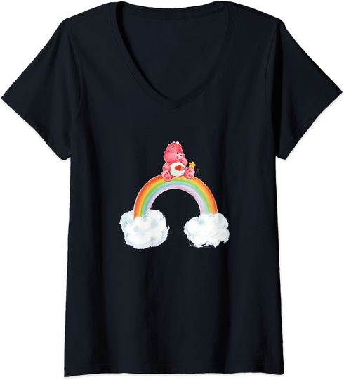 T-shirt de Mulher com Decote Em V Urso E Arco-Íris