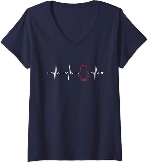 Discover T-shirt de Mulher com Decote Em V Pinguim Batimento do Coração