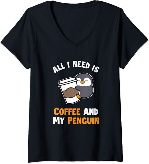 T-shirt de Mulher com Decote Em V Pinguim All I Need Is Coffee And My Penguin