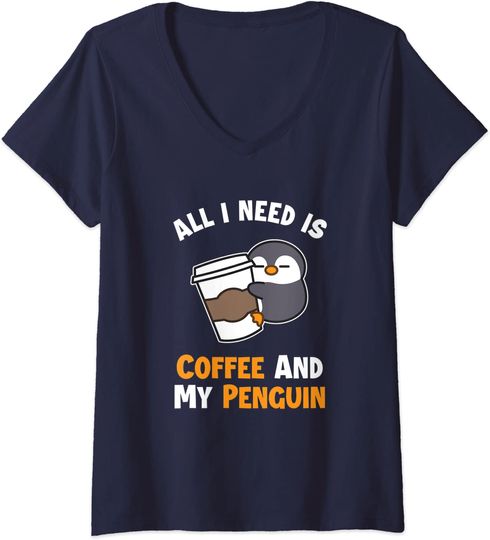 T-shirt de Mulher com Decote Em V Pinguim All I Need Is Coffee And My Penguin