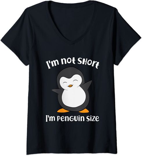 Discover T-shirt de Mulher com Decote Em V Presente Ideal Pinguim I’m Not Short I’m Penguin Size