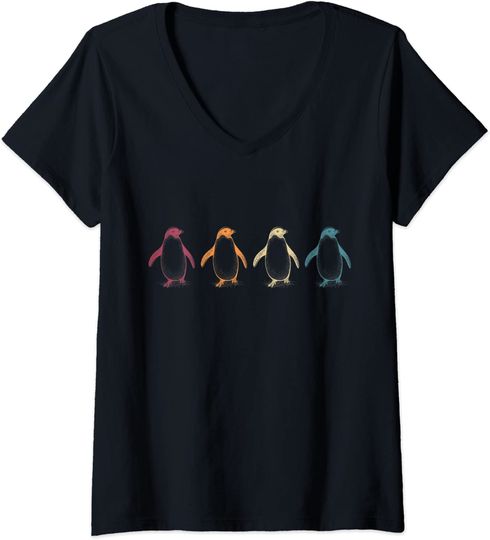 T-shirt de Mulher com Decote Em V Retrô Pinguins