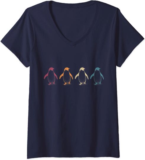 T-shirt de Mulher com Decote Em V Retrô Pinguins