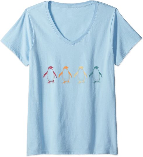 Discover T-shirt de Mulher com Decote Em V Retrô Pinguins