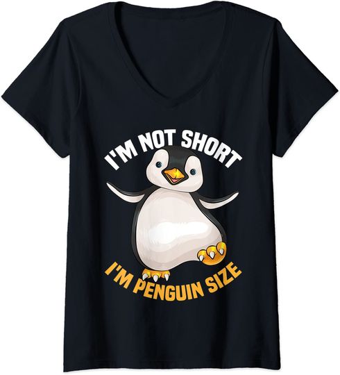 T-shirt de Mulher com Decote Em V Pinguim I’m Not Short I’m Penguin Size