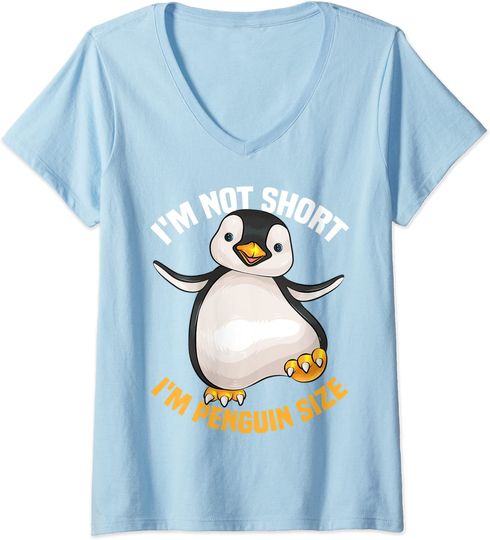 Discover T-shirt de Mulher com Decote Em V Pinguim I’m Not Short I’m Penguin Size
