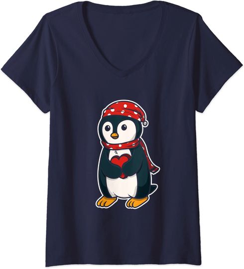T-shirt de Mulher com Decote Em V Pinguim Natal