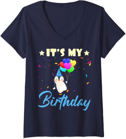 T-shirt de Mulher com Decote Em V Presente de Anicersário Pinguim E Balões