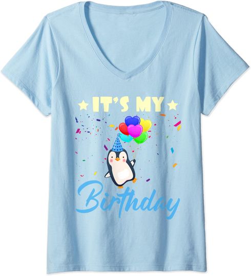 Discover T-shirt de Mulher com Decote Em V Presente de Anicersário Pinguim E Balões