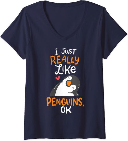 T-shirt de Mulher com Decote Em V Pinguim Fofo I Just Really Like Penguins Ok