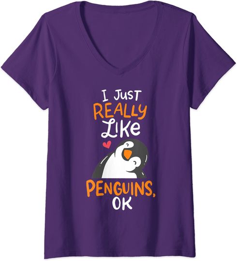 Discover T-shirt de Mulher com Decote Em V Pinguim Fofo I Just Really Like Penguins Ok